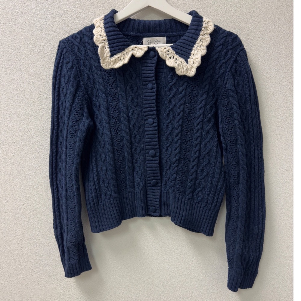 Jessica Simpson Cardigan Womens Large Navy Blue Crochet Collar Cable Coquette